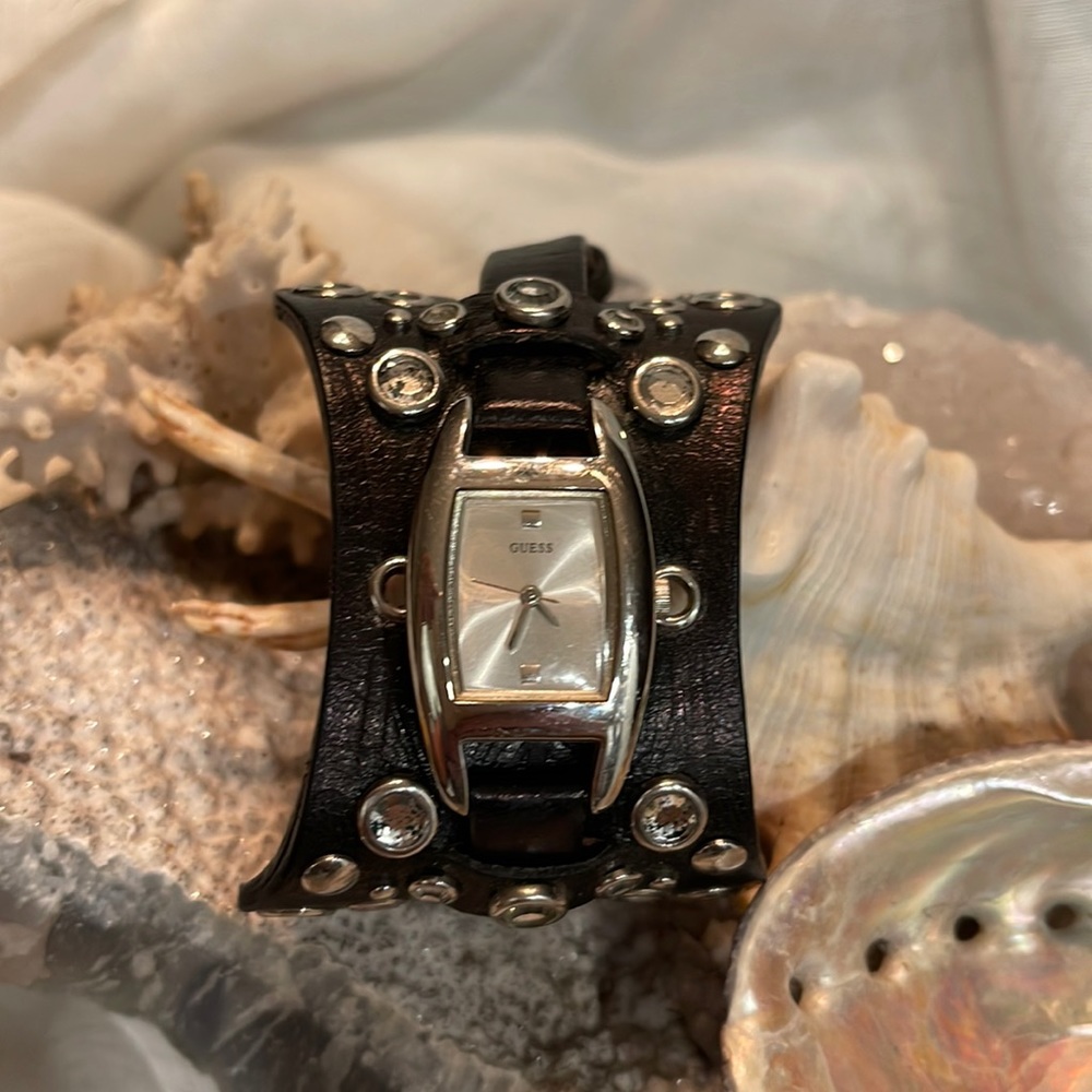 Guess Leather & Rhinestone Studded Wrist Watch.